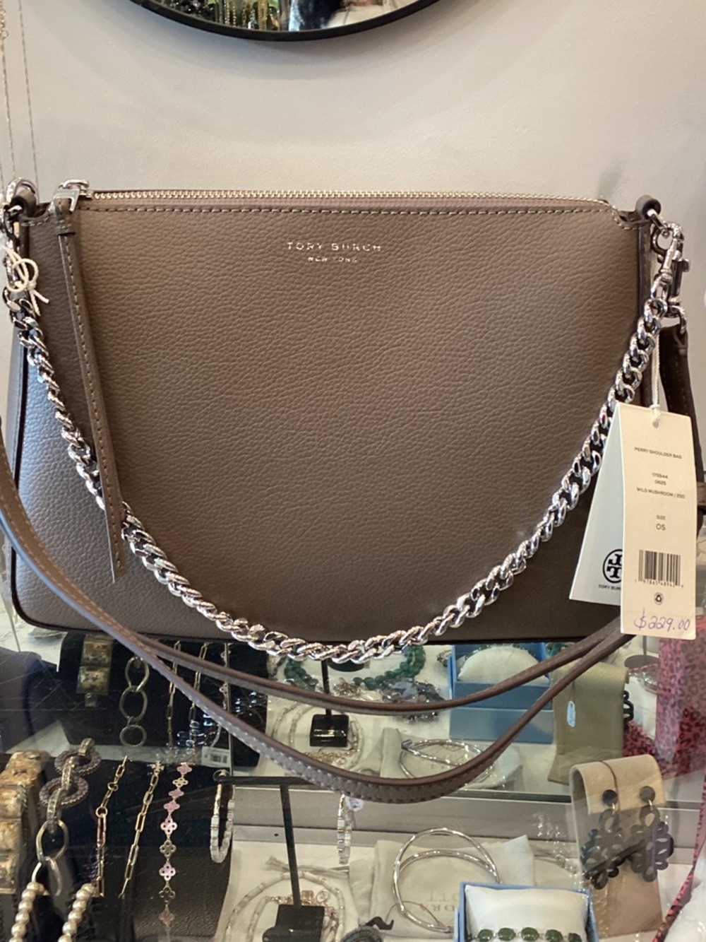 Tory Burch Taupe Pebbled Leather Chain-Accent Crossbody